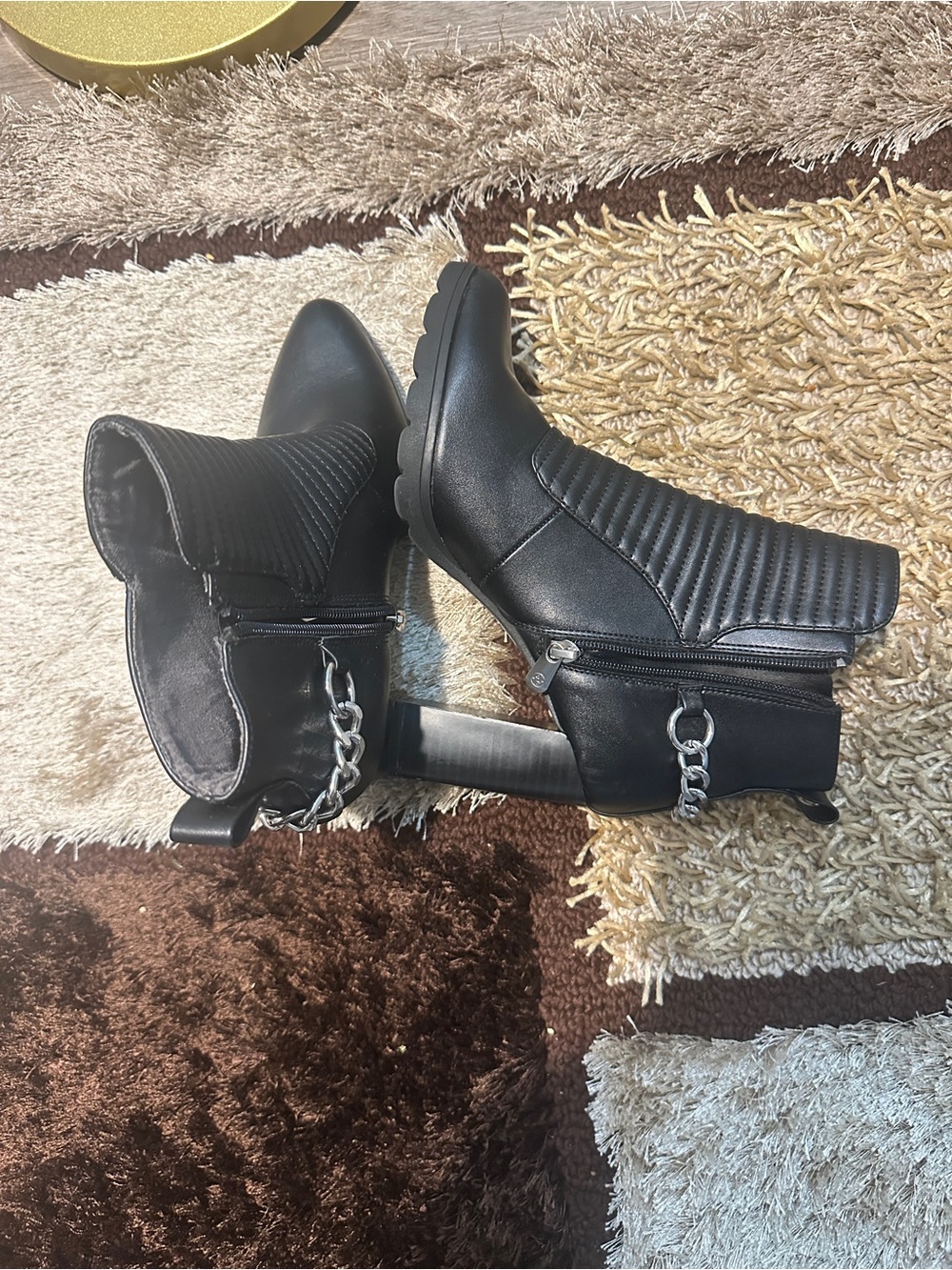 Adrienne Vittadini Black Quilted Ankle Boots with Chain Accent